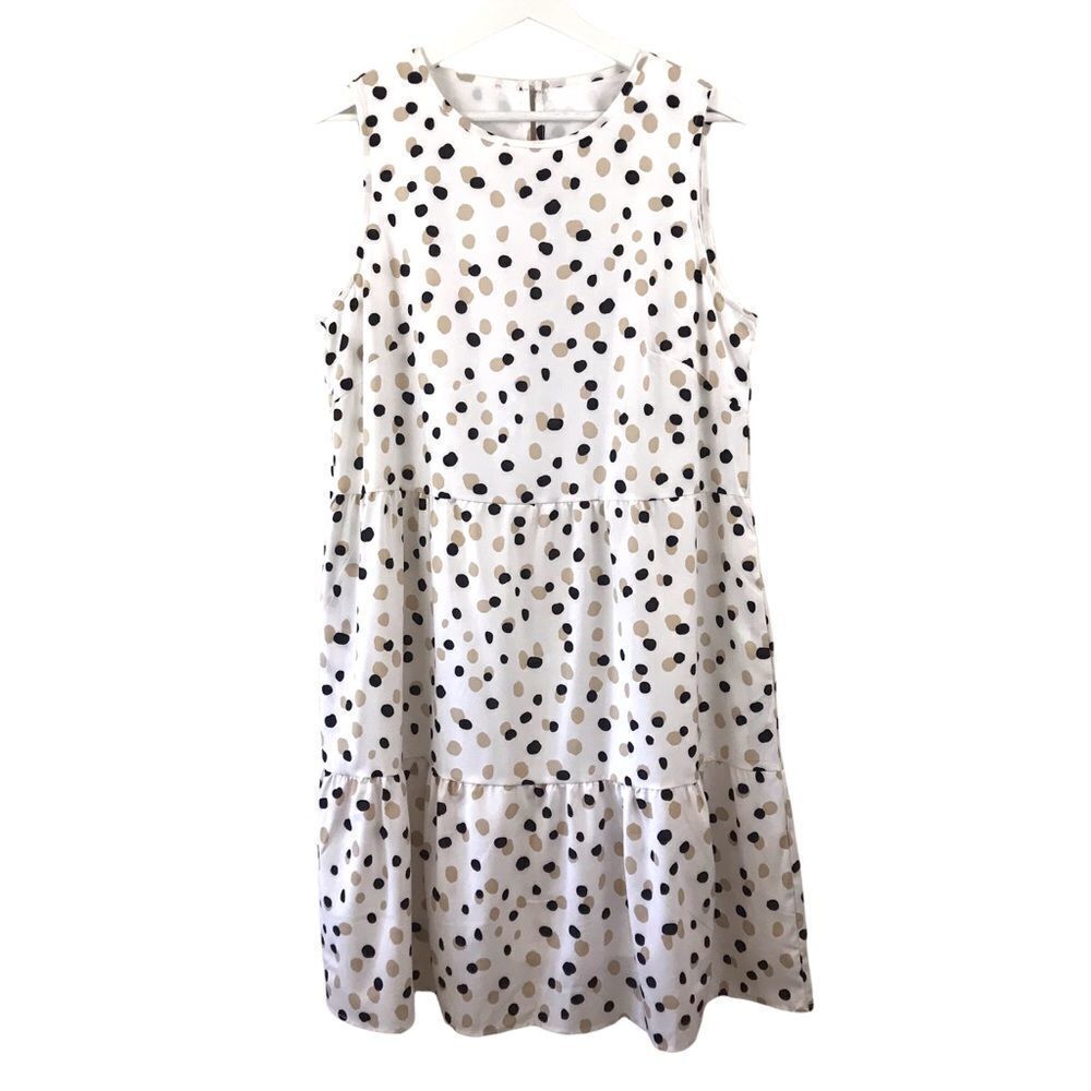 Pretty Garden sleeveless tan and black polka dot dress size L‎